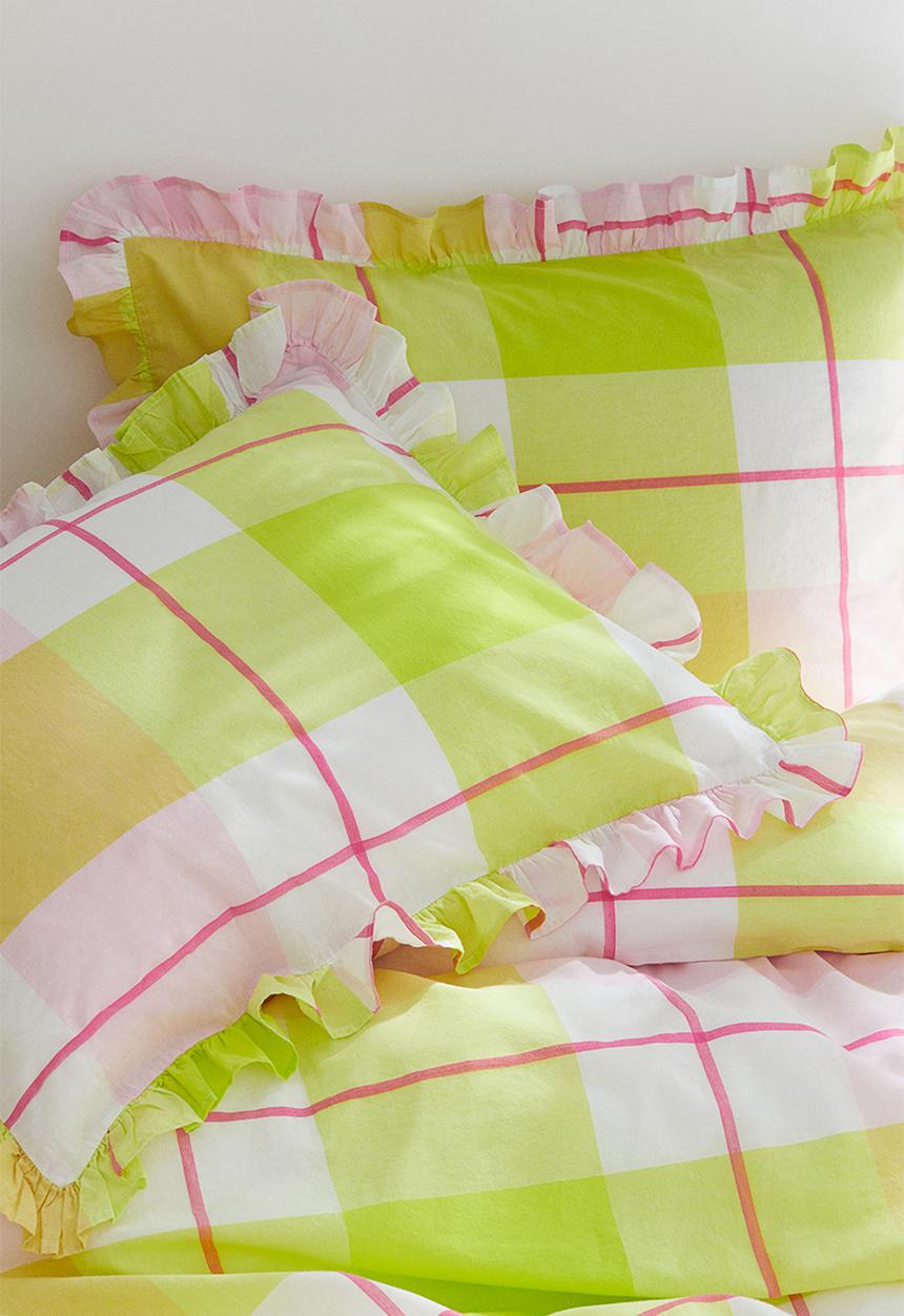 H&M - Washed cotton double/king size duvet cover set - Lime green Checked