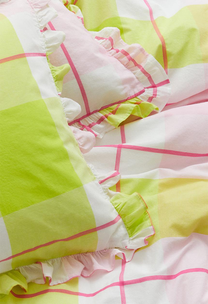 H&M - Washed cotton double/king size duvet cover set - Lime green Checked