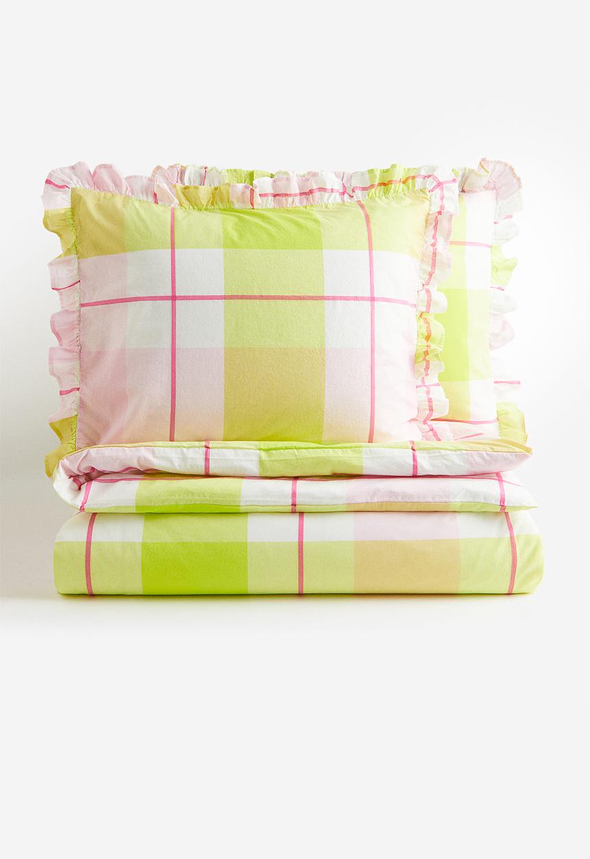 H&M - Washed cotton double/king size duvet cover set - Lime green Checked