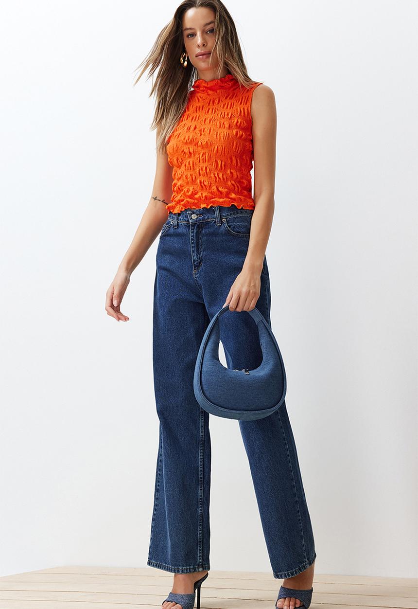 Trendyol - Premium high neck crop knit blouse - orange