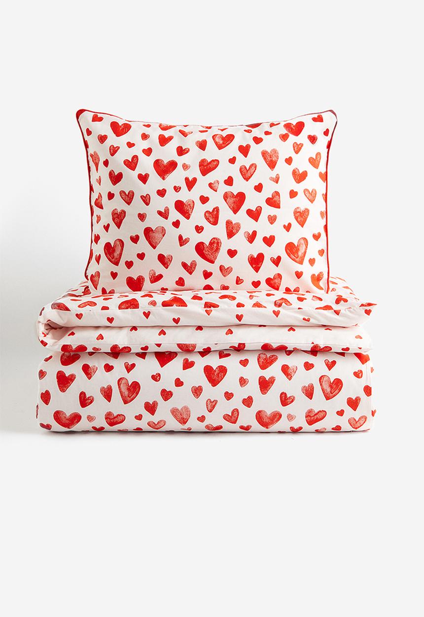 H&M - Heart-patterned single duvet cover set - pink