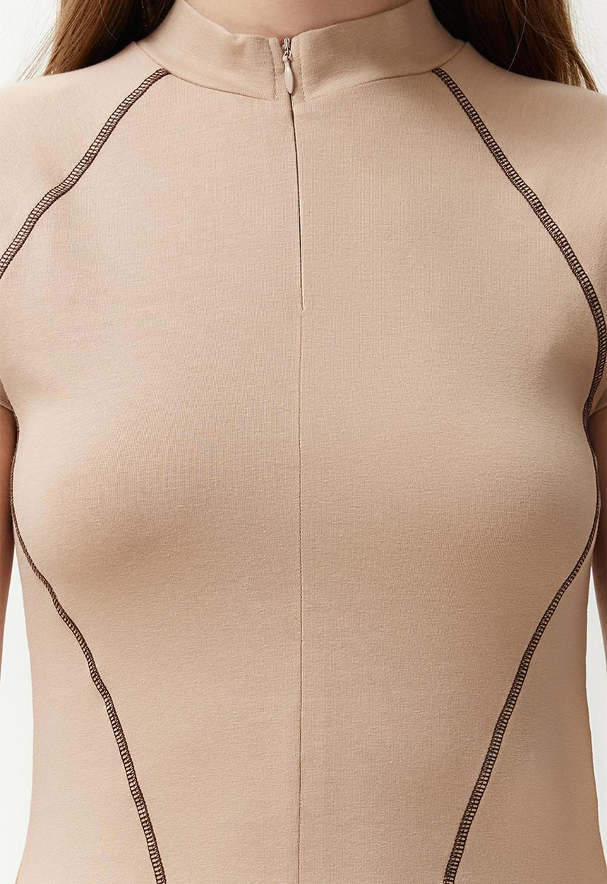 Trendyol - High neck zipper detailed crop knit - stone