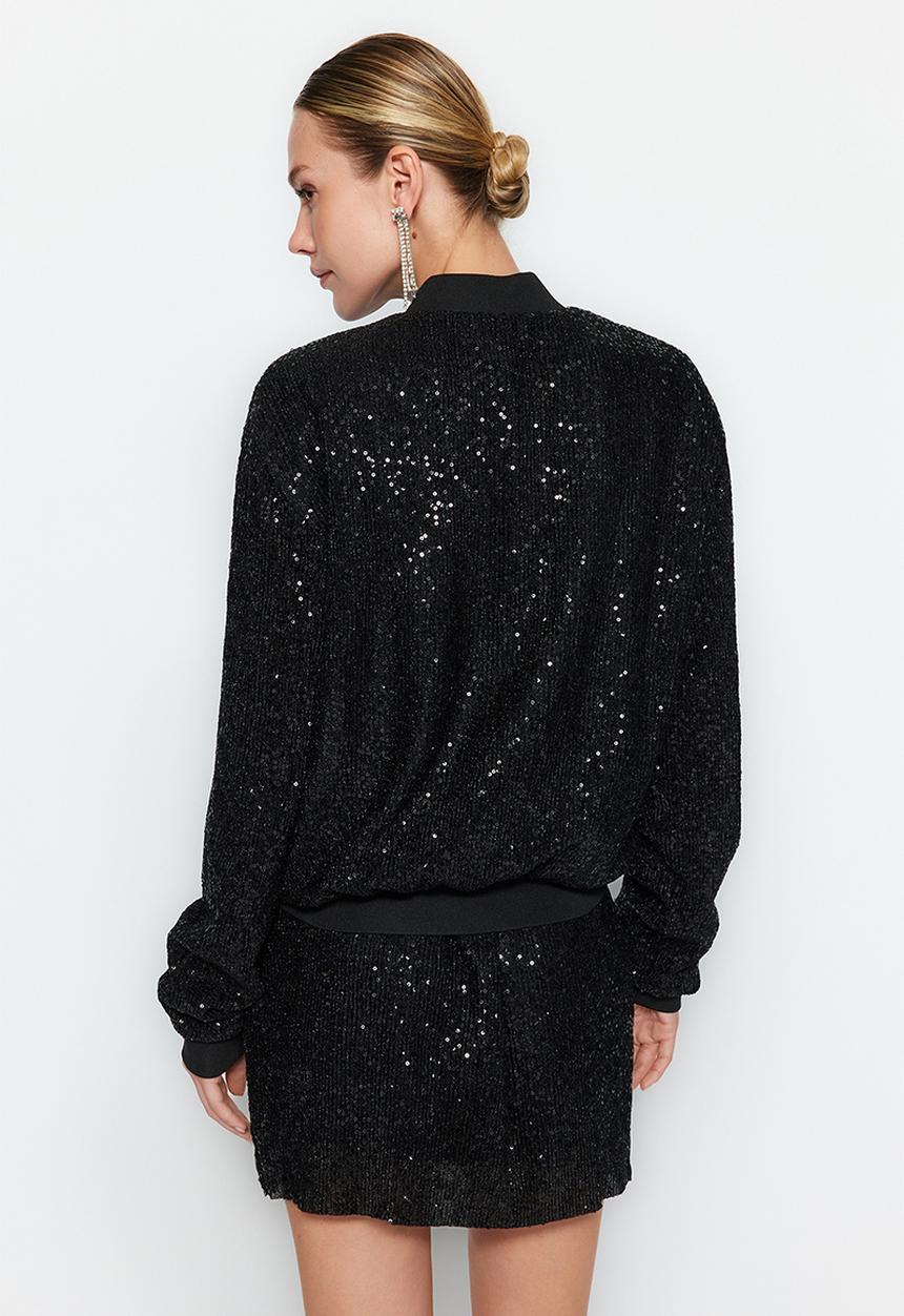 Trendyol - Knitted Sparkly Sequin Bomber Jacket - Schwarz