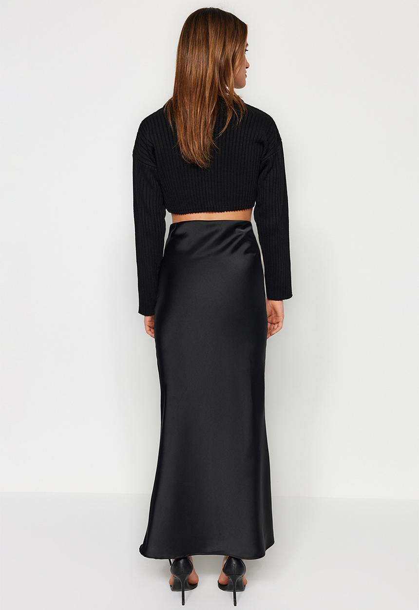 Trendyol - Black Mermaid Cut Satin Midi Skirt - Schwarz