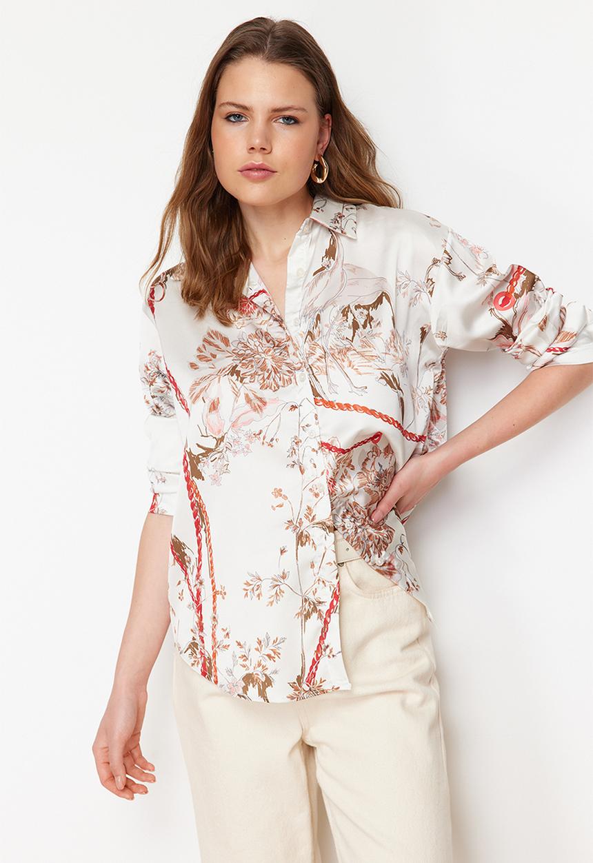 Trendyol - Beige floral print oversize satin shirt - beige