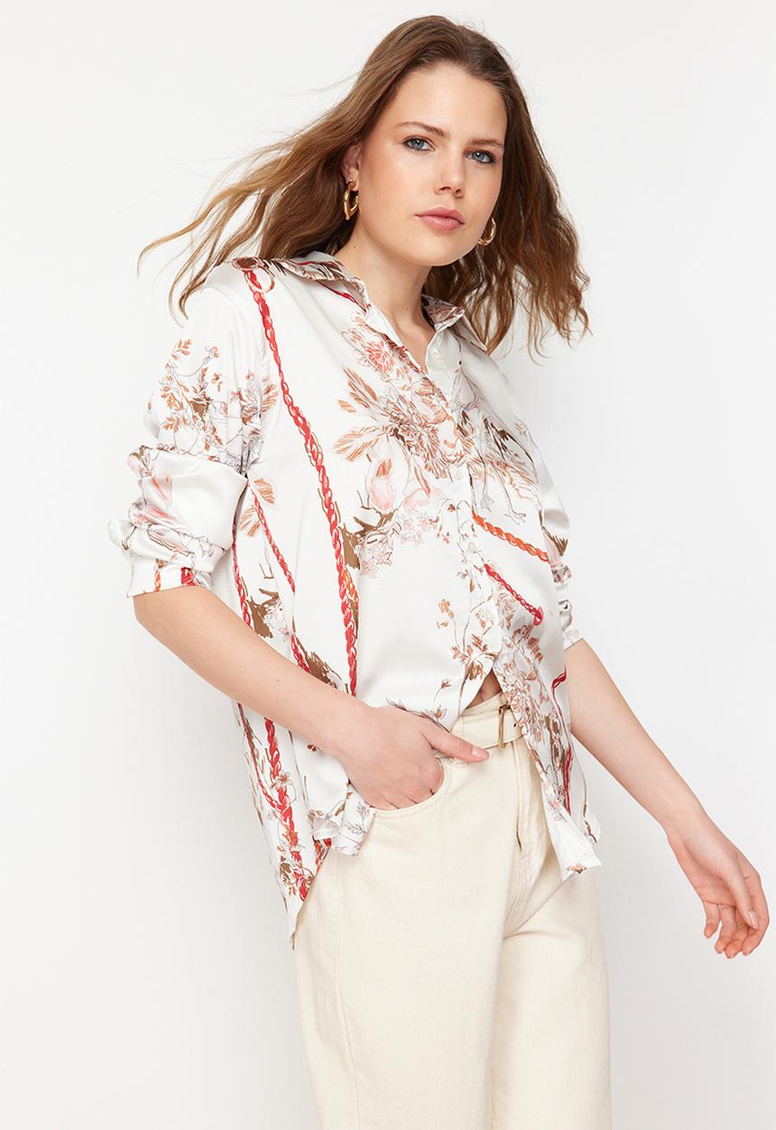 Trendyol - Beige floral print oversize satin shirt - beige