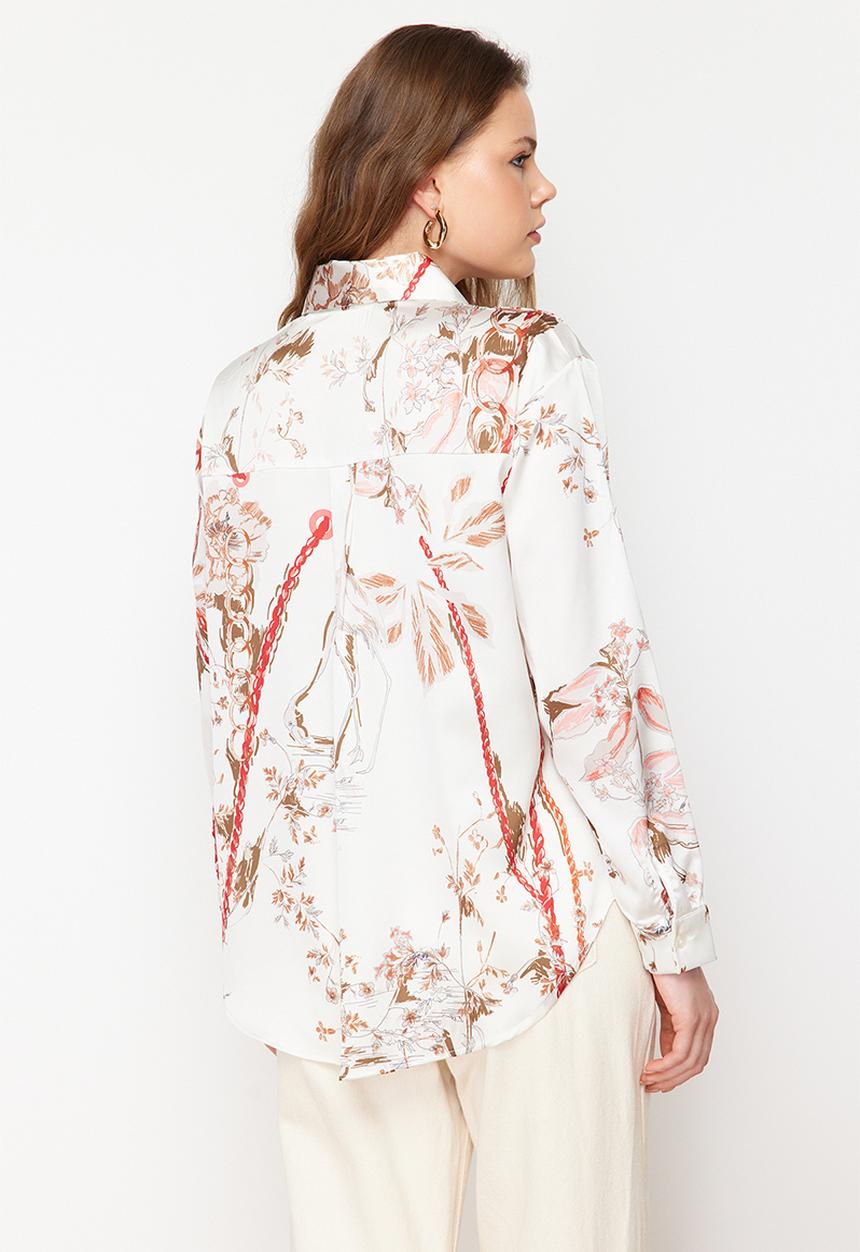 Trendyol - Beige floral print oversize satin shirt - beige