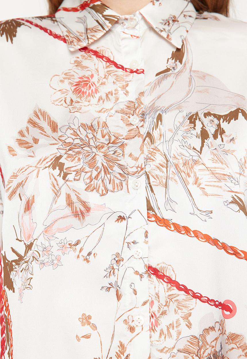 Trendyol - Beige floral print oversize satin shirt - beige