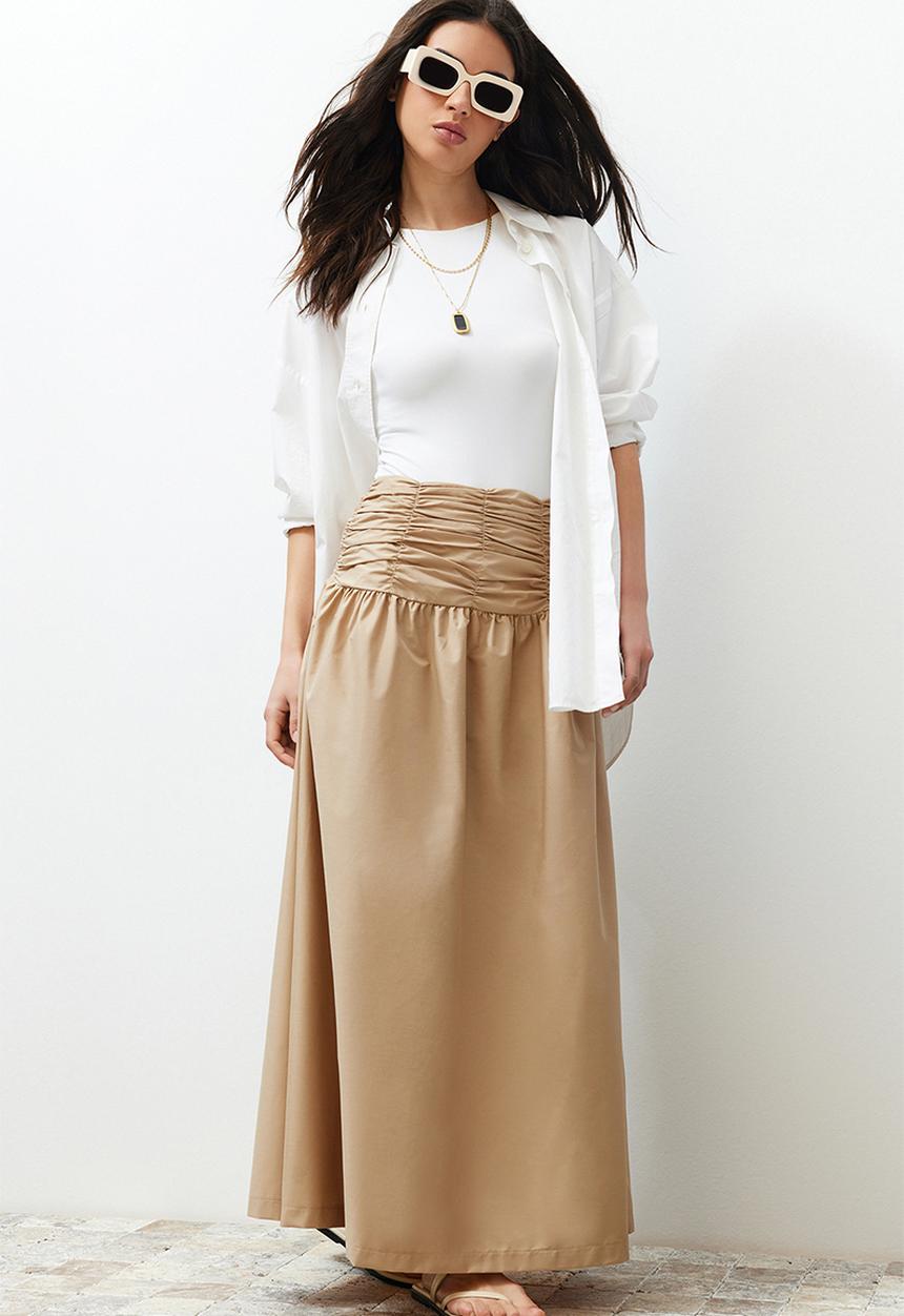 Trendyol - Beige high waisted gathered long skirt - beige