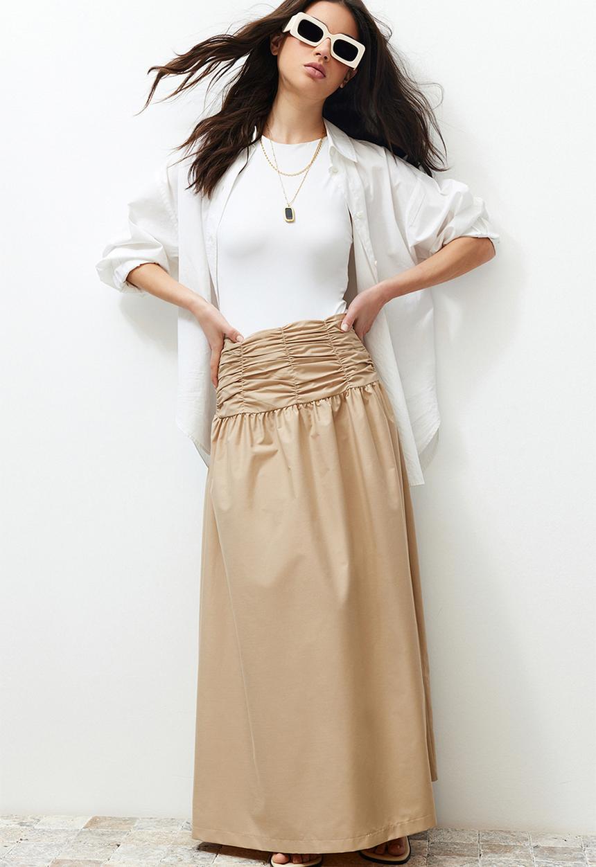 Trendyol - Beige high waisted gathered long skirt - beige