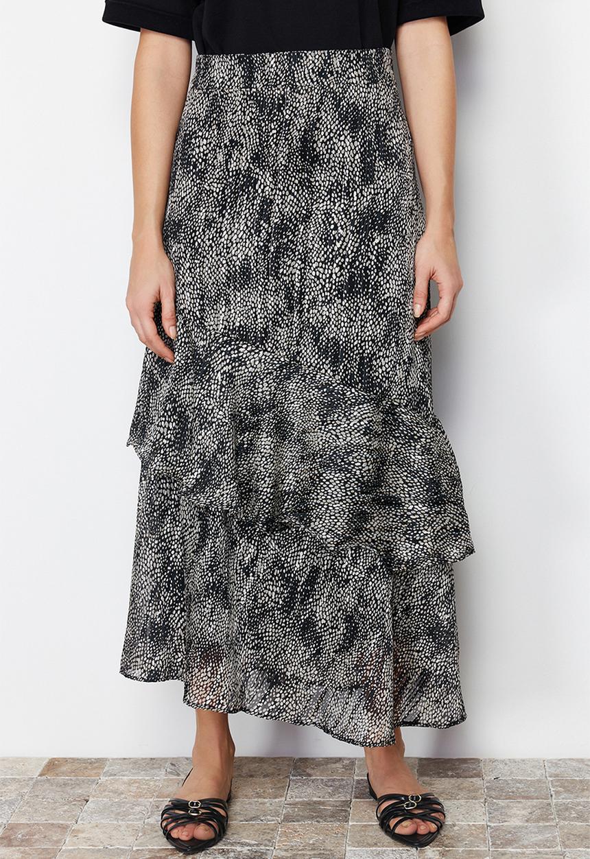 Trendyol - Black animal pattern lined woven skirt - black