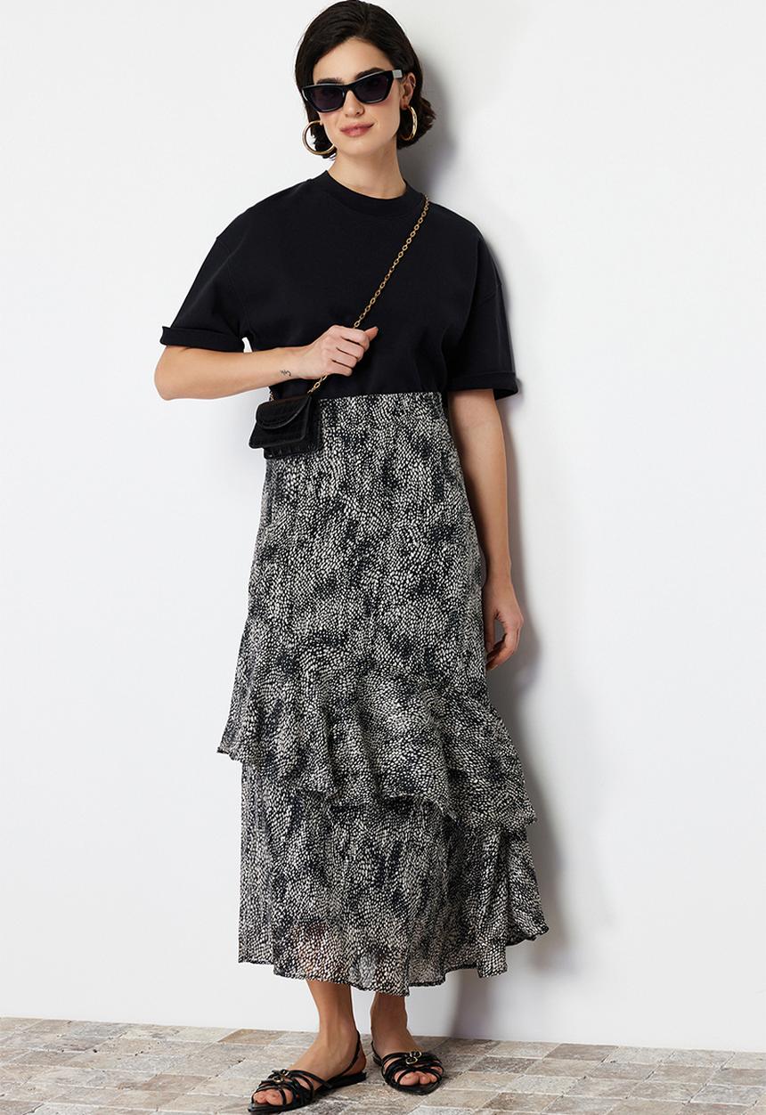Trendyol - Black animal pattern lined woven skirt - black