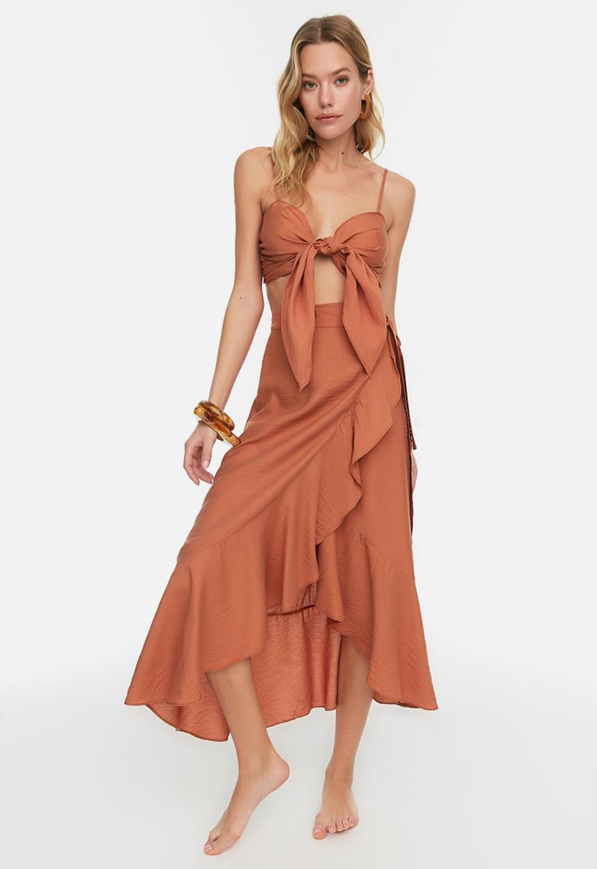 Trendyol - Woven ruffle blouse and skirt set - cinnamon