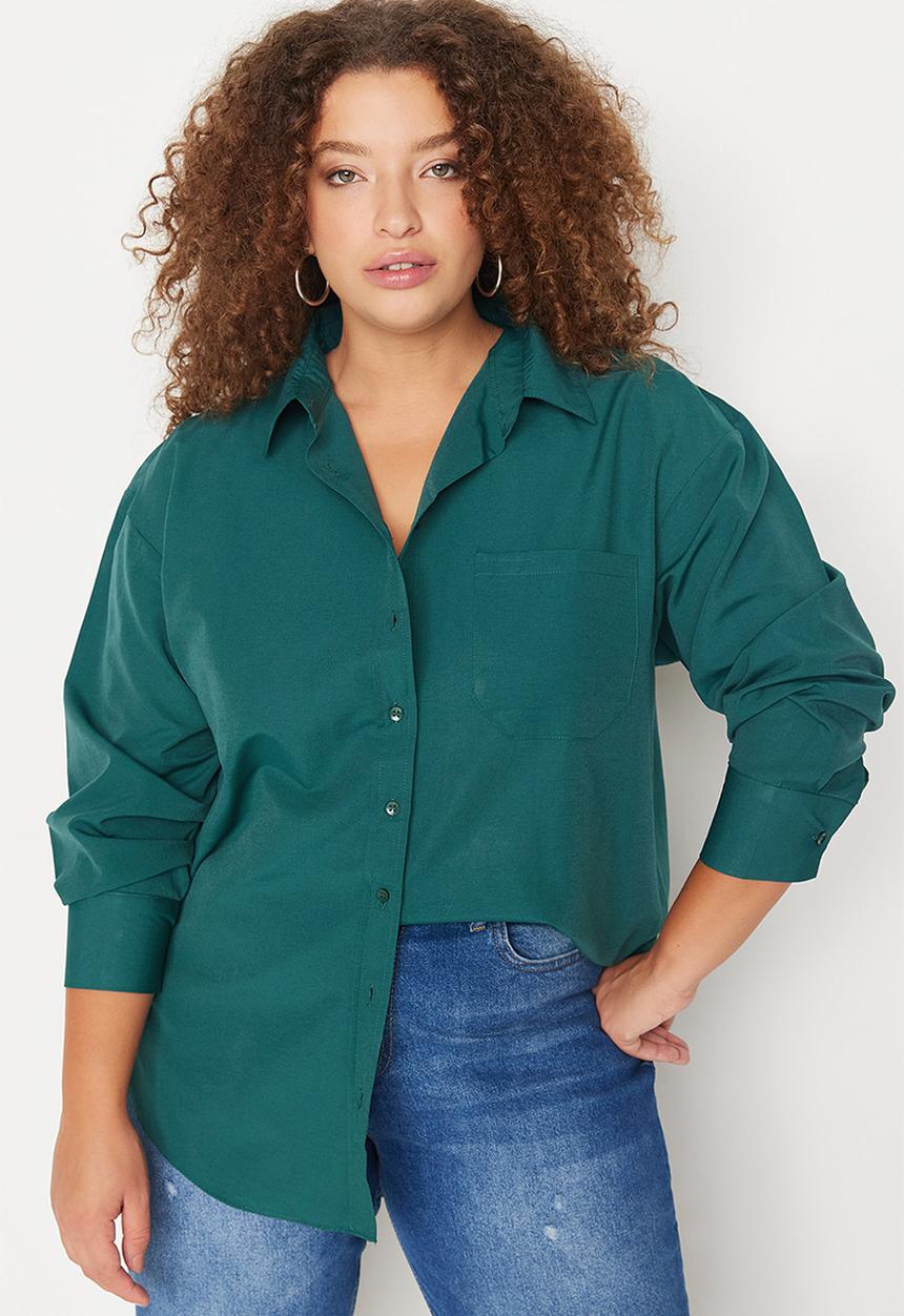 Trendyol - Plus boyfriend woven shirt - dark green