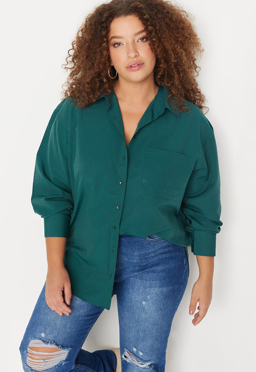 Trendyol - Plus boyfriend woven shirt - dark green