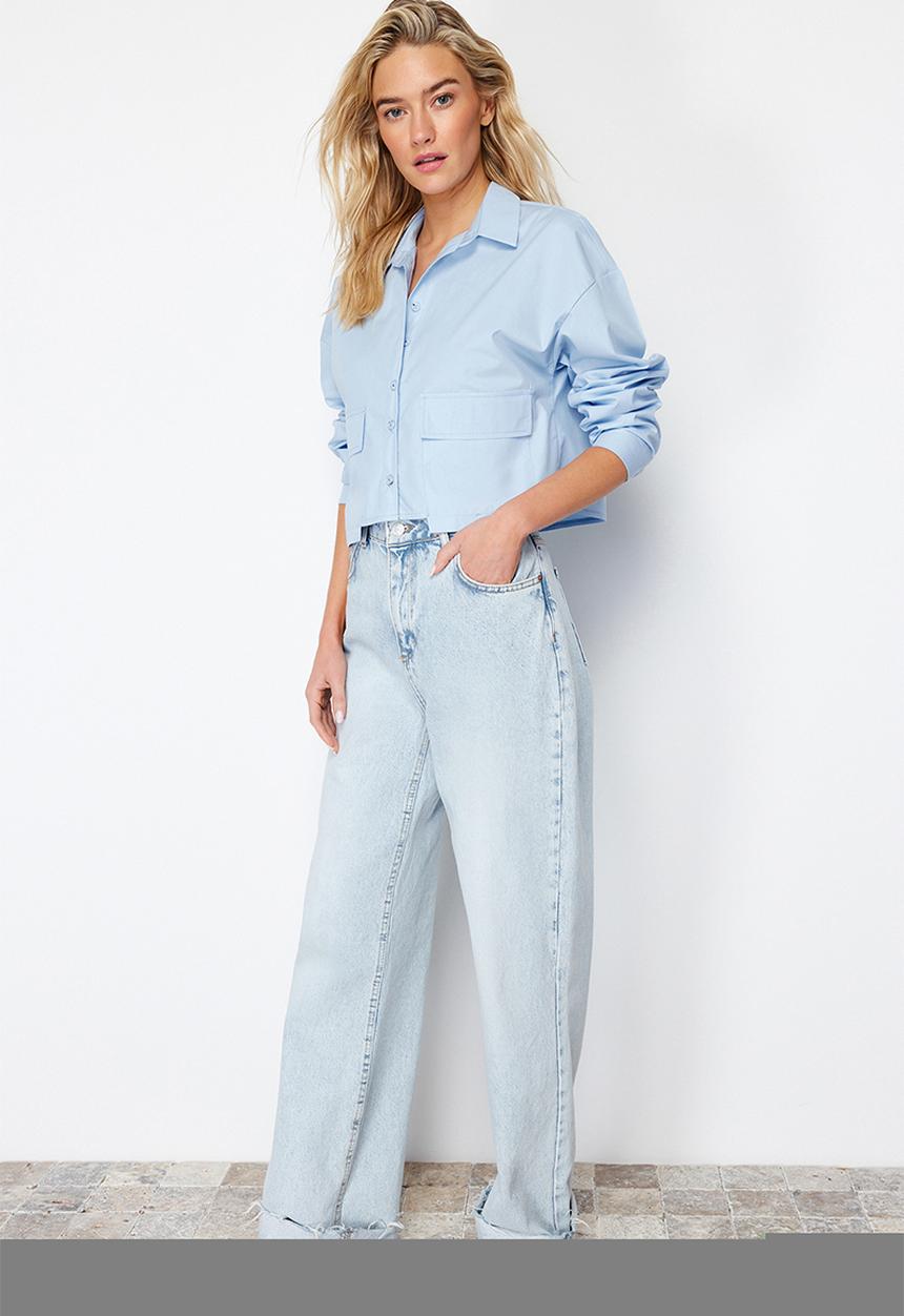 Trendyol - Blue Crop Pocket Detailed Woven Shirt - Blue