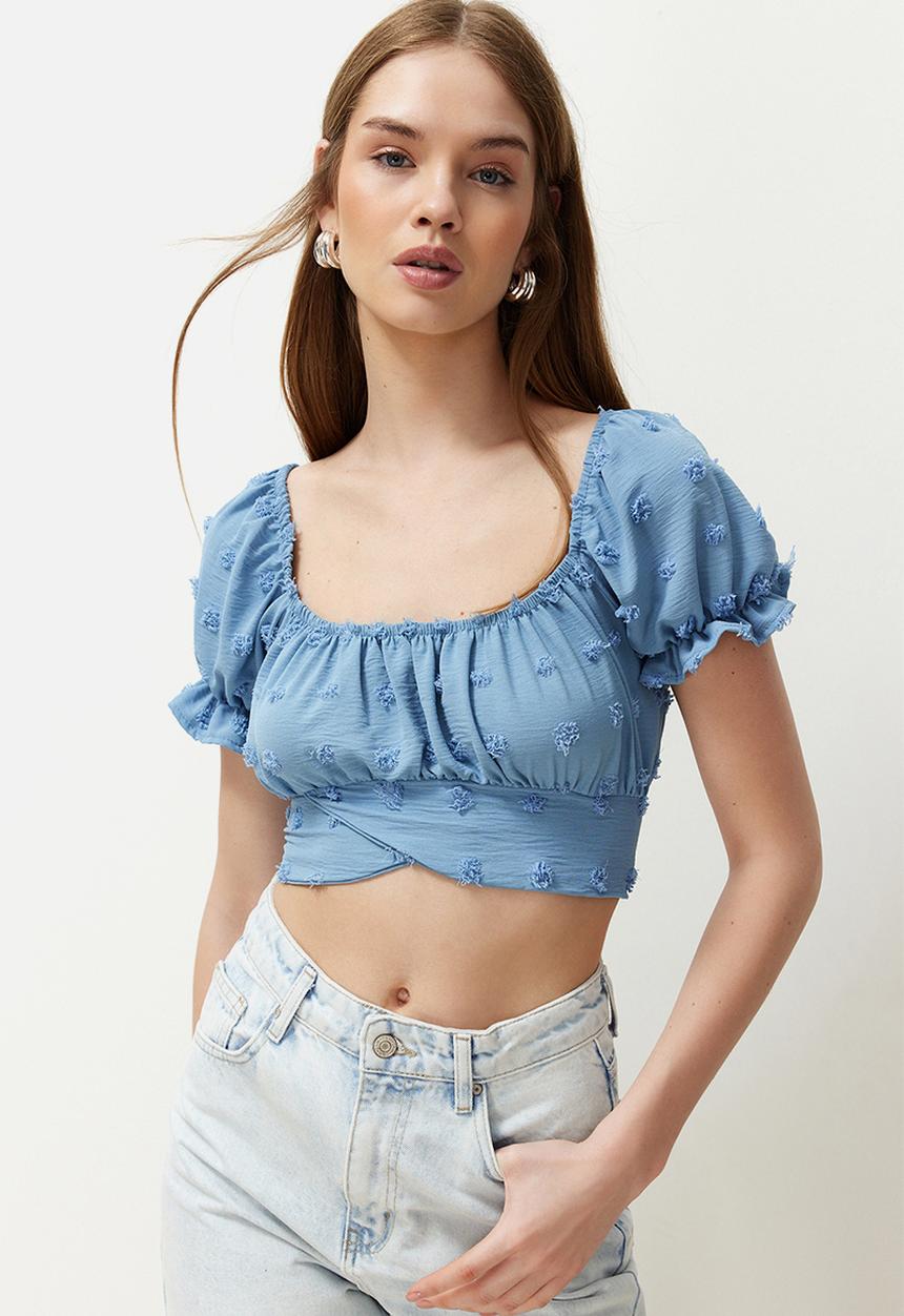 Trendyol - Blue crop sleeve detailed woven blouse - blue