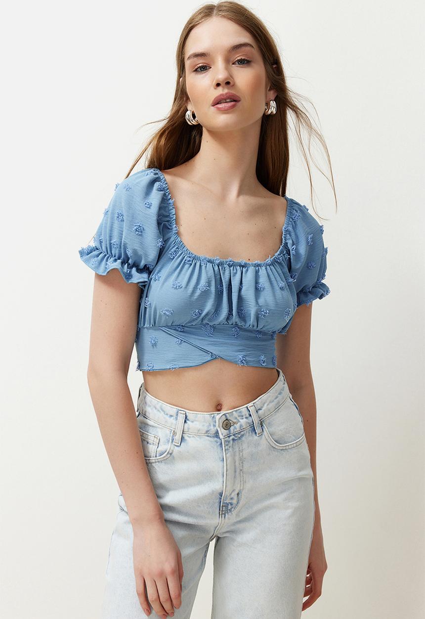 Trendyol - Blue crop sleeve detailed woven blouse - blue