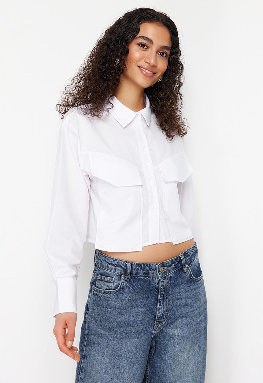 Trendyol - Big pocket oversize woven shirt - ecru
