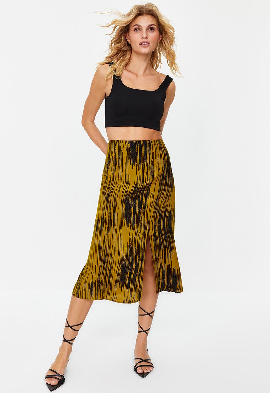 Trendyol - Slit detail viscose fabric patterned midi woven skirt - mustard