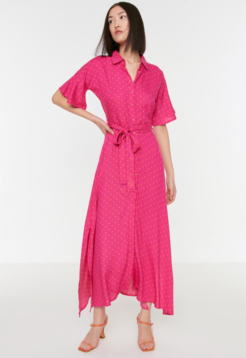 Trendyol - Belted maxi shirt dress - fuchsia