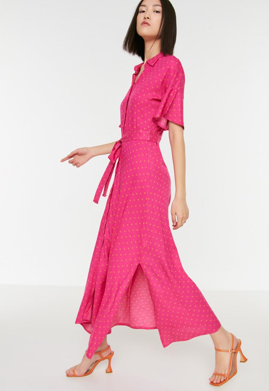 Trendyol - Belted maxi shirt dress - fuchsia