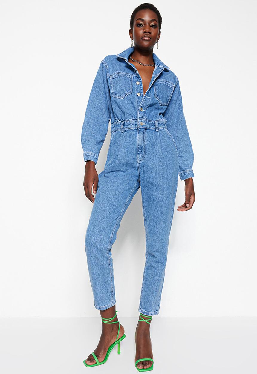 Trendyol - Waist Detailed Denim Overalls - Blue