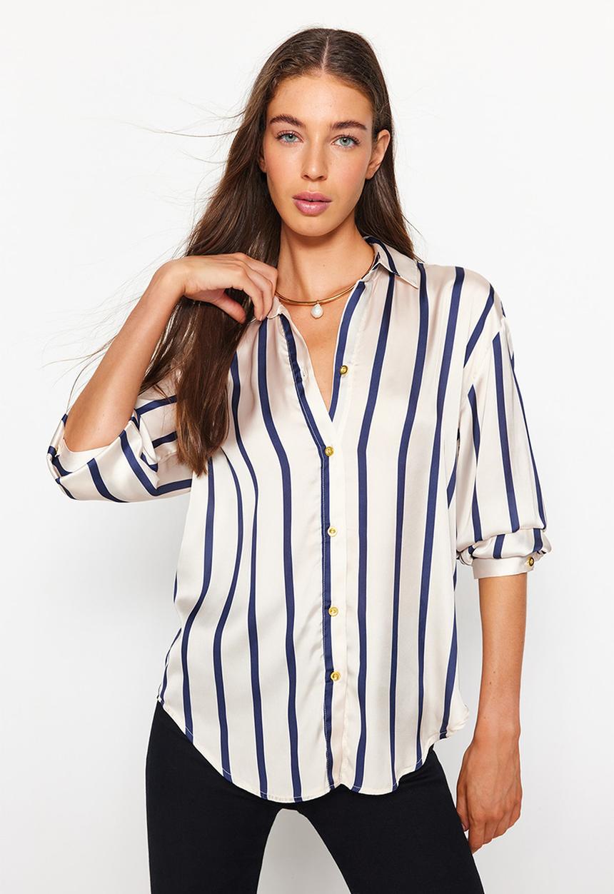 Trendyol - Striped satin shirt - ecru