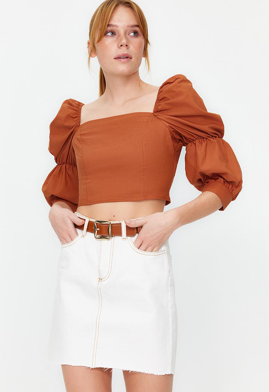 Trendyol - Crop balloon sleeve square neck woven blouse - brown