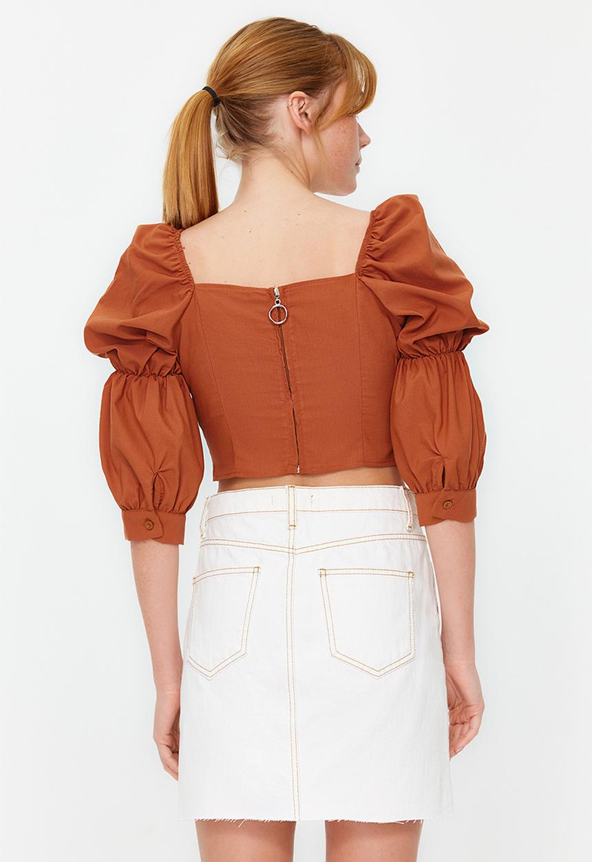 Trendyol - Crop balloon sleeve square neck woven blouse - brown