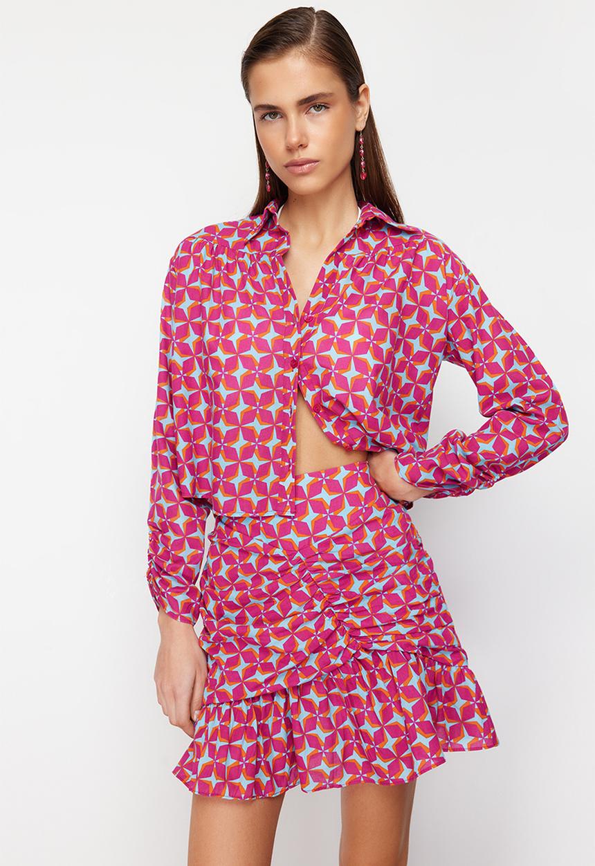Trendyol - Geometric pattern ruffle skirt suit - fuchsia