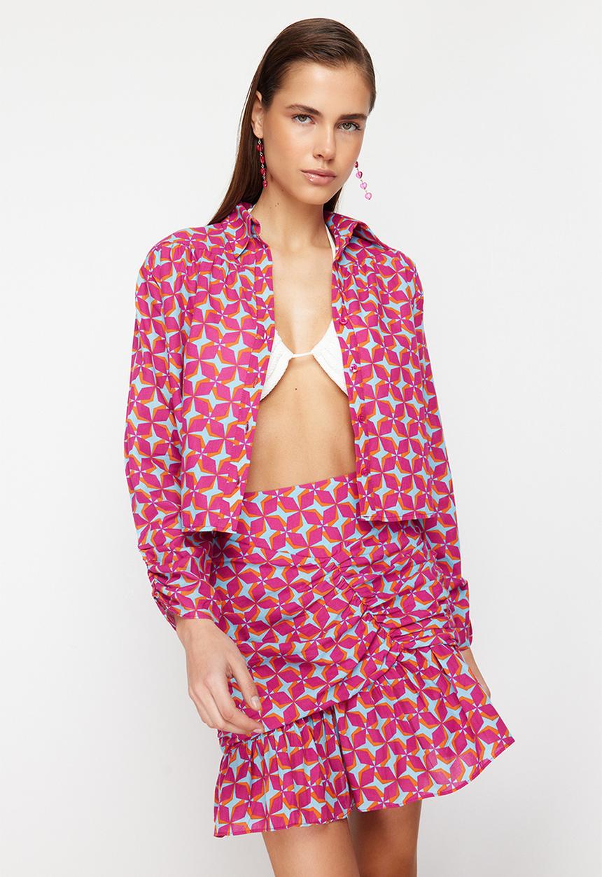 Trendyol - Geometric pattern ruffle skirt suit - fuchsia