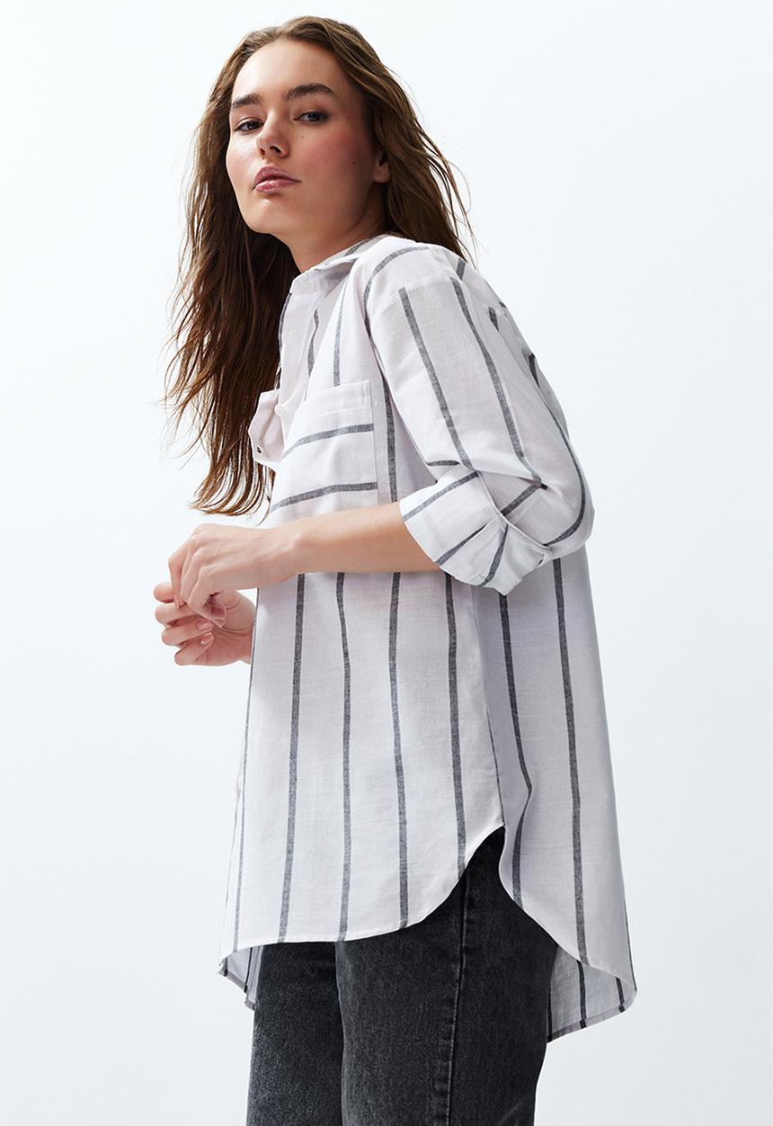 Trendyol - Striped oversize shirt - ecru