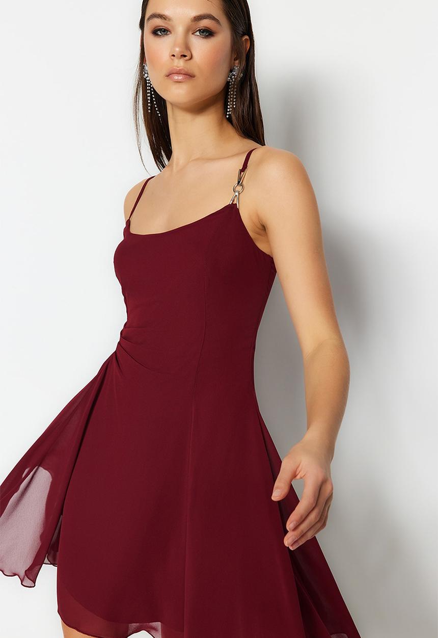 Trendyol - Chiffon Evening Dress - Burgundy