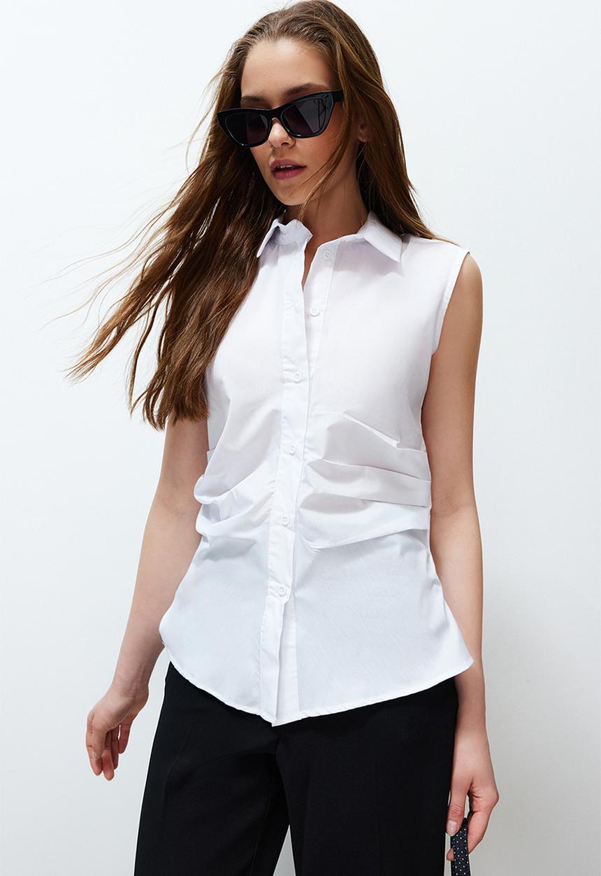 Trendyol - Pleated fitted woven shirt - ecru