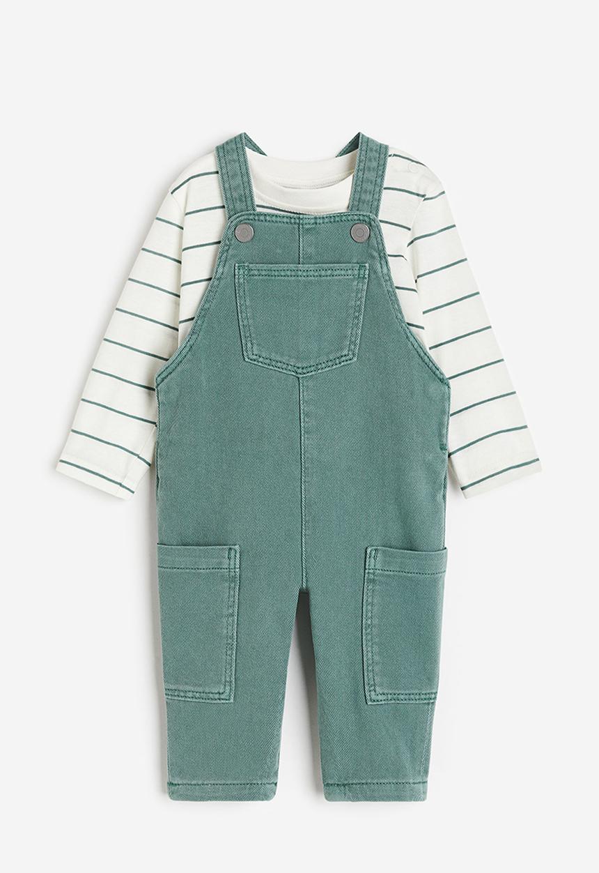 H&M - 2-Piece top and dungaree set - green & white