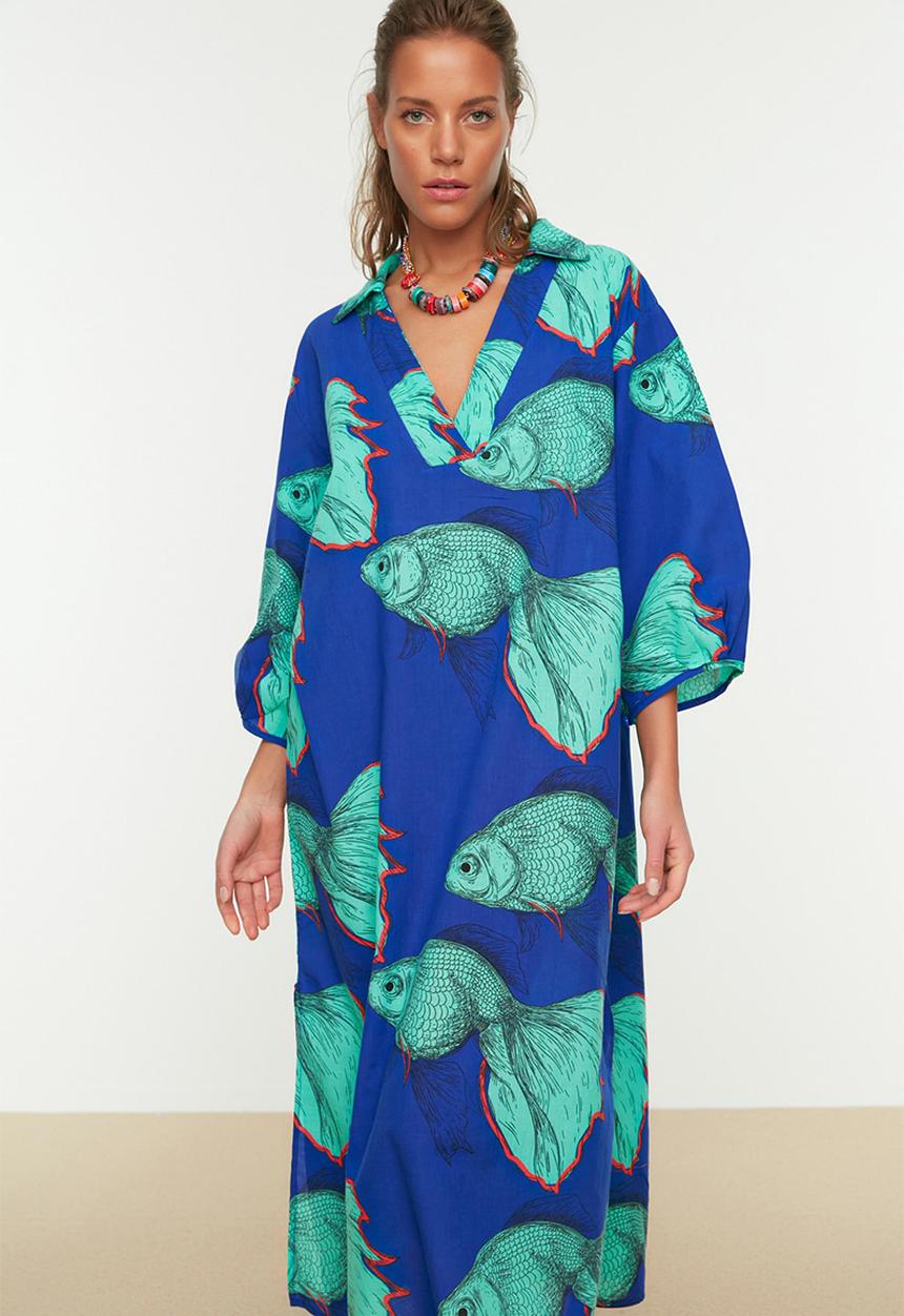 Trendyol - Underwater patterned wide fit midi dress - blue