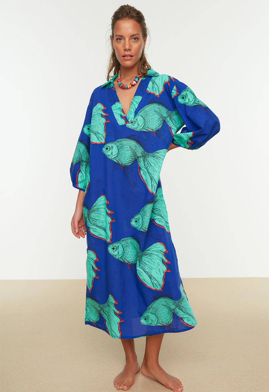 Trendyol - Underwater patterned wide fit midi dress - blue
