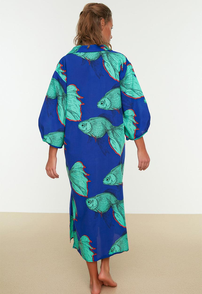 Trendyol - Underwater patterned wide fit midi dress - blue