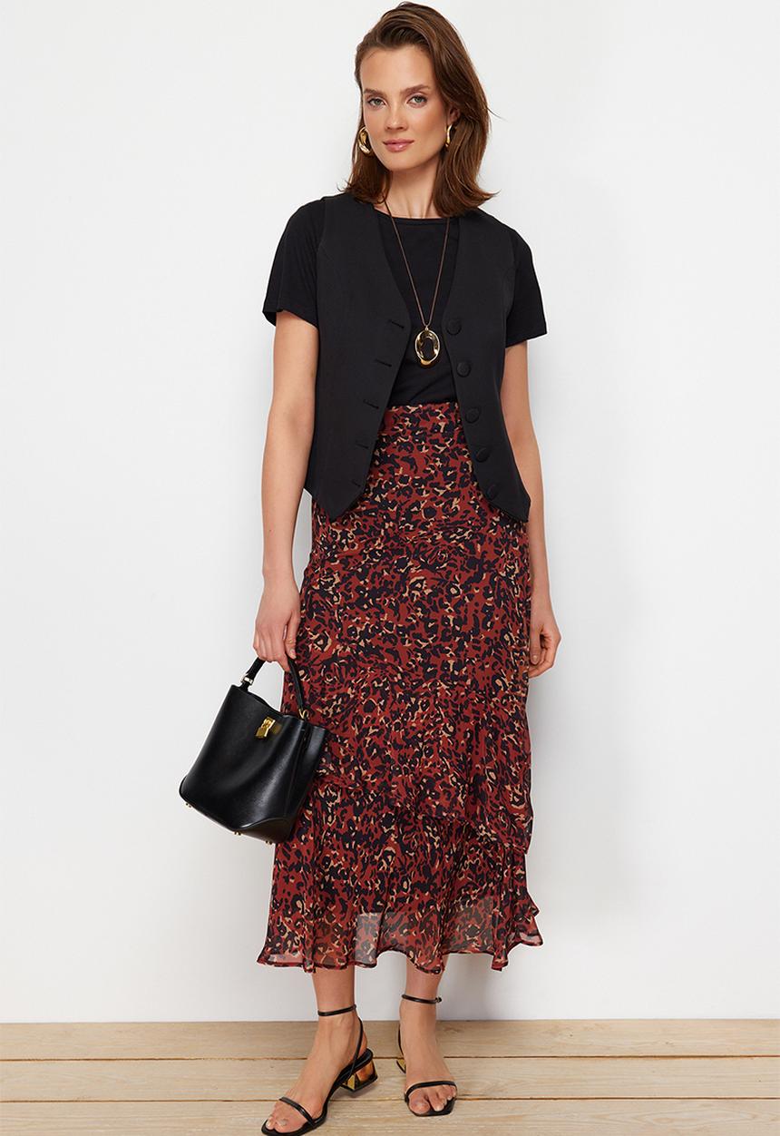 Trendyol - Tile animal patterned lined woven skirt - brick