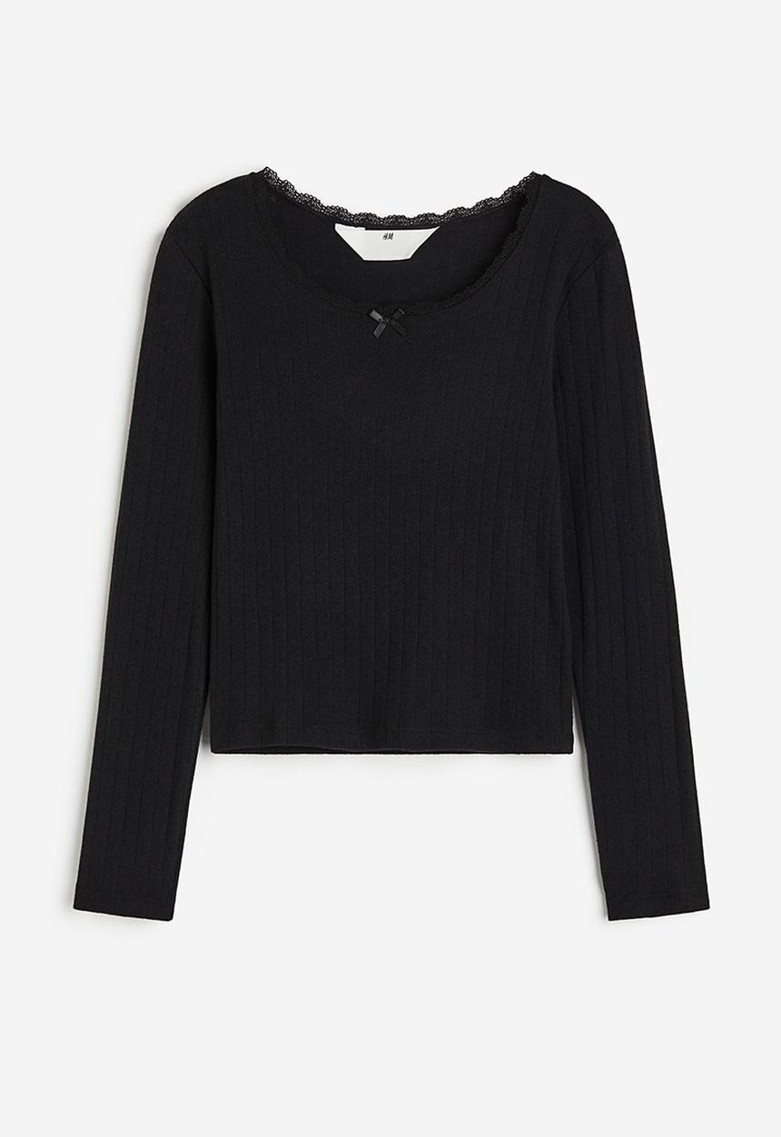 H&M - Lace-trimmed pointelle jersey top - black