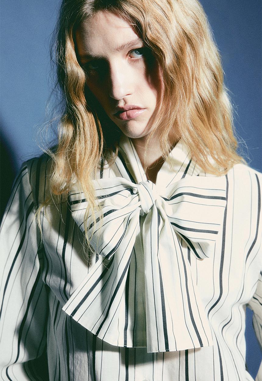 H&M - Poplin bow blouse - Cream Striped