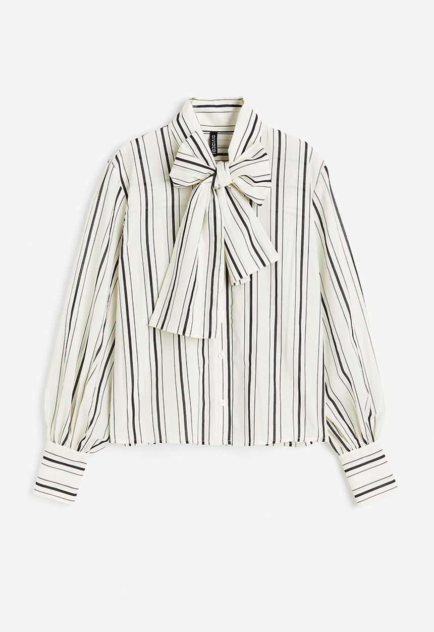 H&M - Poplin bow blouse - Cream Striped