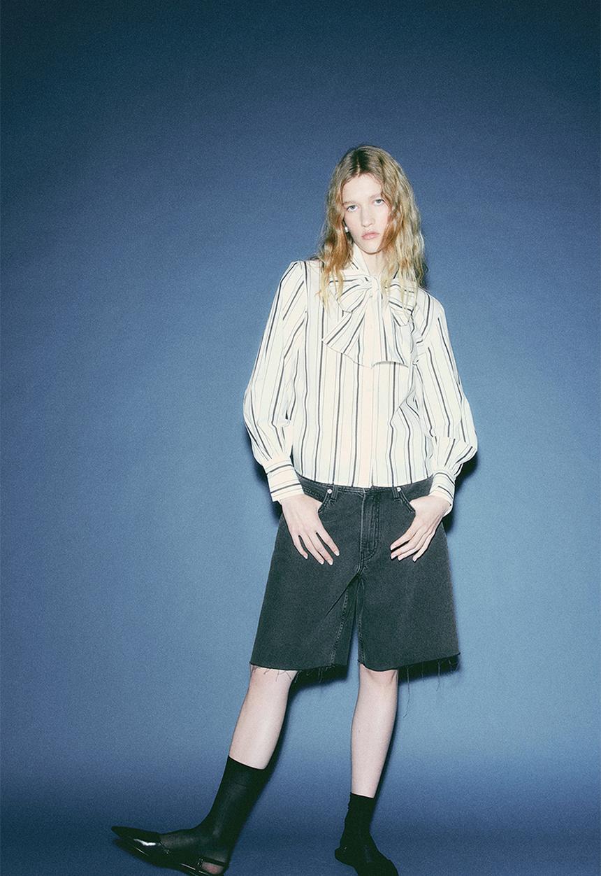 H&M - Poplin bow blouse - Cream Striped