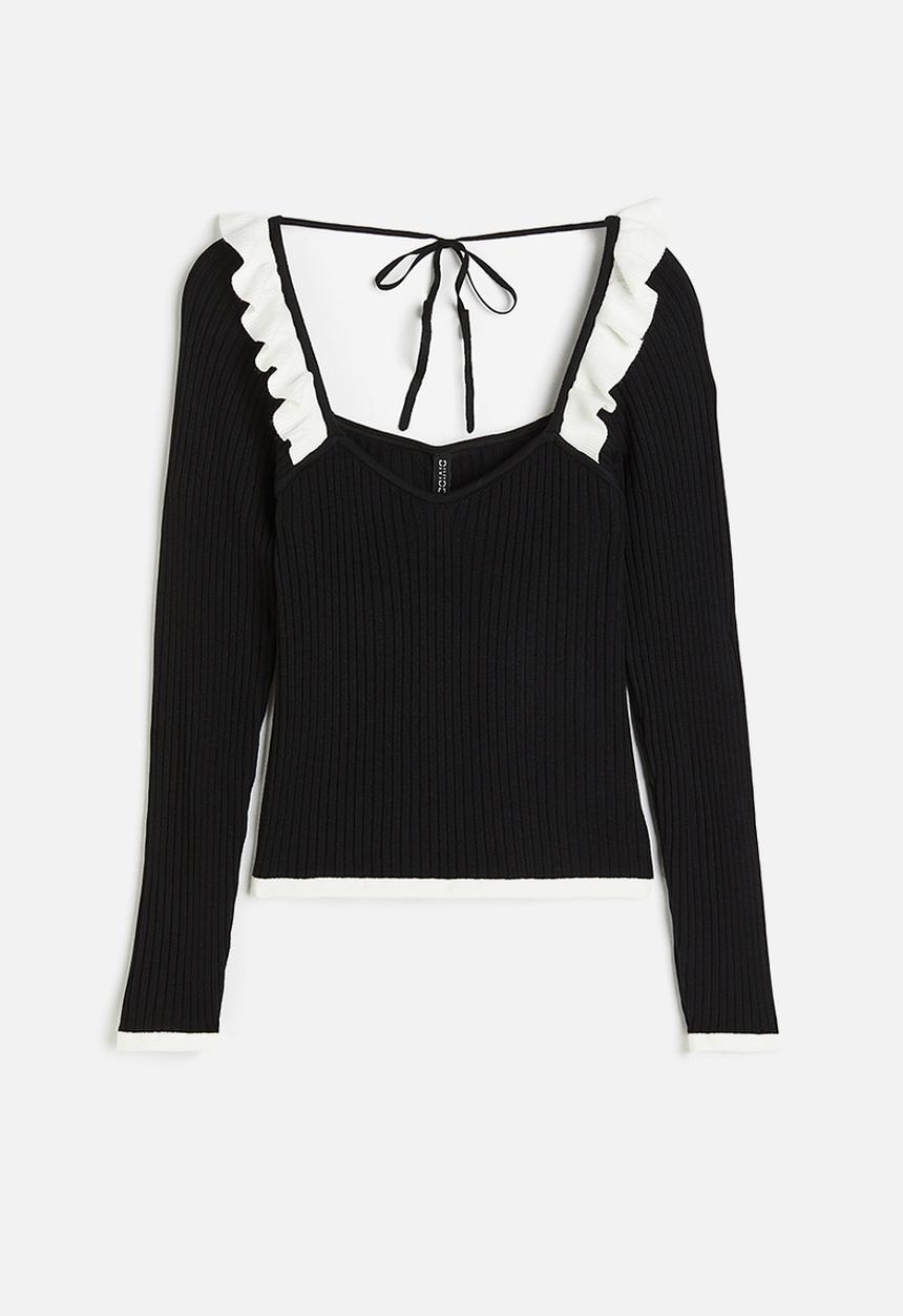 H&M - Frill-trimmed rib-knit top - black