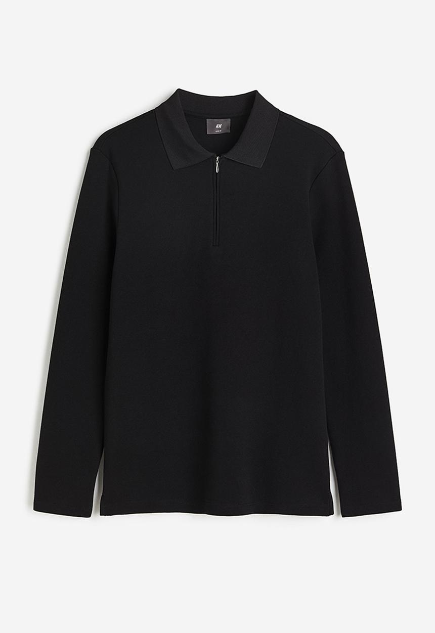 H&M - Slim fit scuba zip-top polo shirt - black