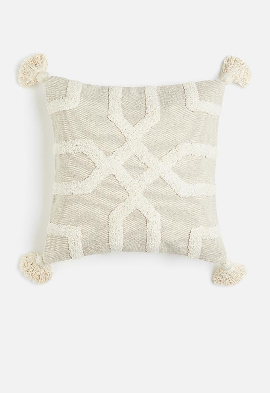 H&M - Tasseled cushion cover - Light beige Patterned
