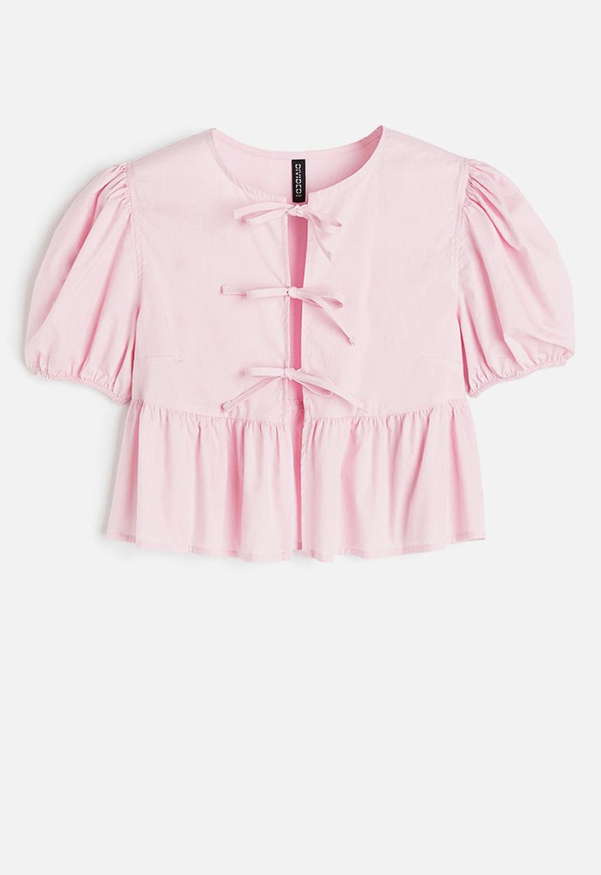 H&M - Tie-detail puff-sleeved blouse - pink