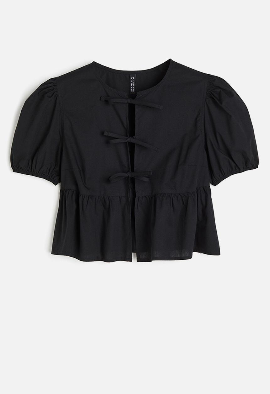 H&M - Tie-detail puff-sleeved blouse - black