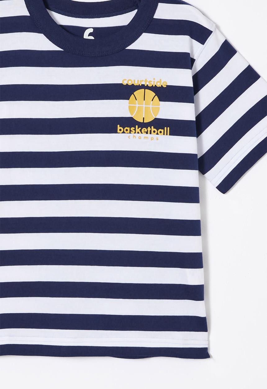 Cotton On - Jonny short sleeve print tee - in the navy/white stripe basketball champs
